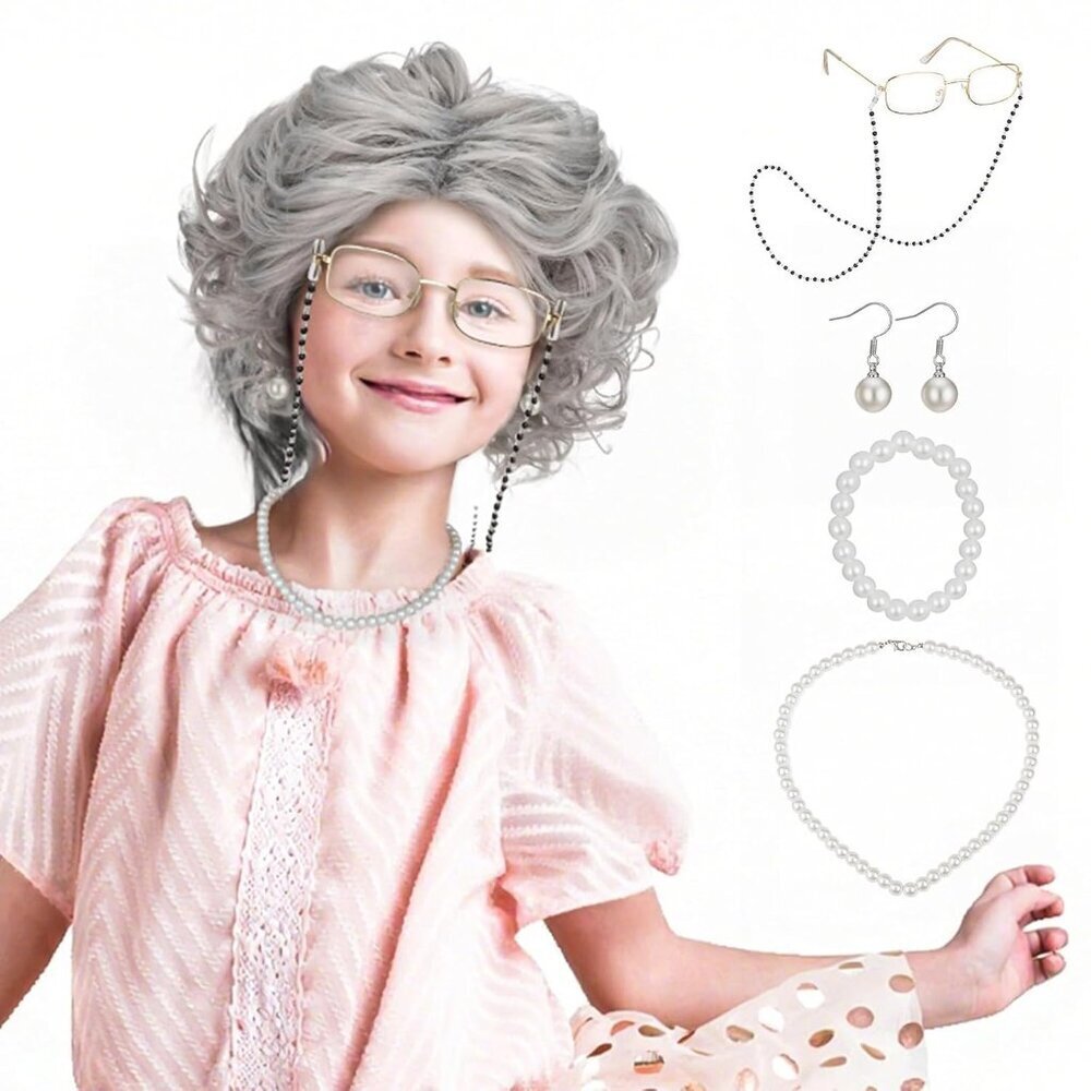 Grandma Wig Set Gray Curly Synthetic Hair 7 pcs for Costumes and Events